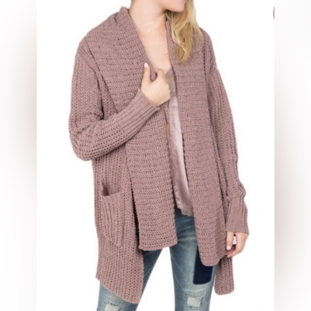 POL Mauve Chunky Knit Open Front Chenille Cardigan Sweater Medium